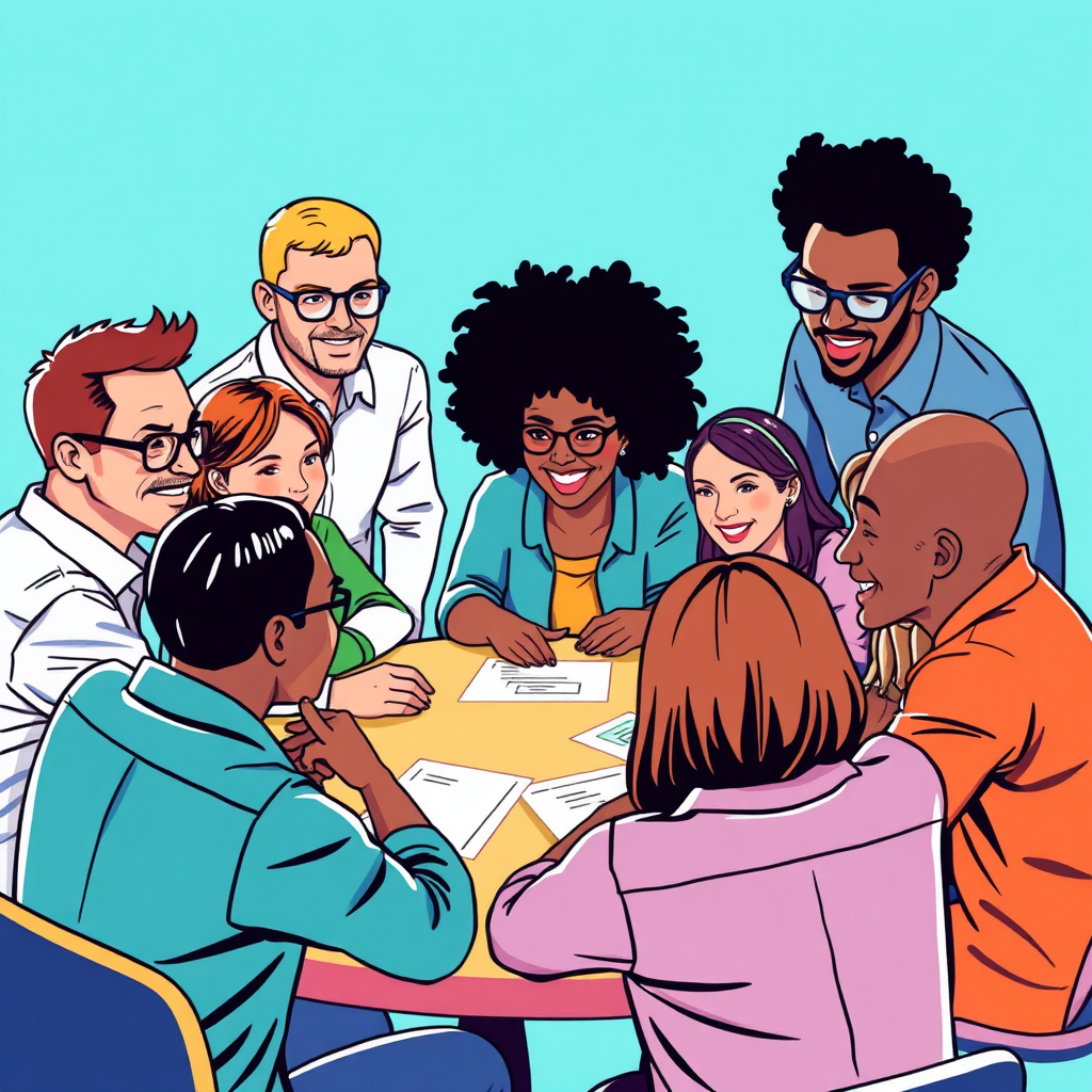 A stylized image depicting a brainstorming session with a diverse group of people gathered around a table, collaborating and exchanging ideas. Use bright, vibrant colors and dynamic compositions to create a sense of energy and innovation. Focus on capturing the expressions of enthusiasm and creativity on the faces of the participants.